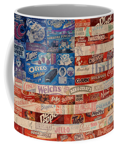 Flag Coffee Mug featuring the mixed media American Flag - Made From Vintage Recycled Pop Culture USA Paper Product Wrappers by Design Turnpike