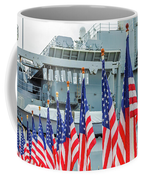 Pearl Harbor Coffee Mug featuring the photograph American flags Missouri by Benny Marty