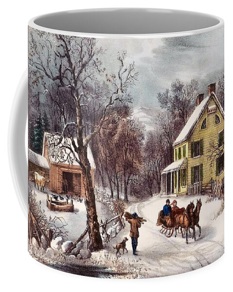 Winter Scene Coffee Mug featuring the painting American Homestead by Currier and Ives