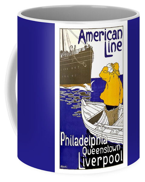 American Line Coffee Mug featuring the mixed media American Line - Philadelphia, Queenstown, Liverpool - Retro travel Poster - Vintage Poster by Studio Grafiikka