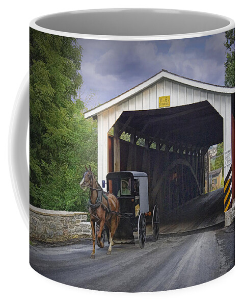 Art Coffee Mug featuring the photograph Amish Buggy with covered bridge by Randall Nyhof