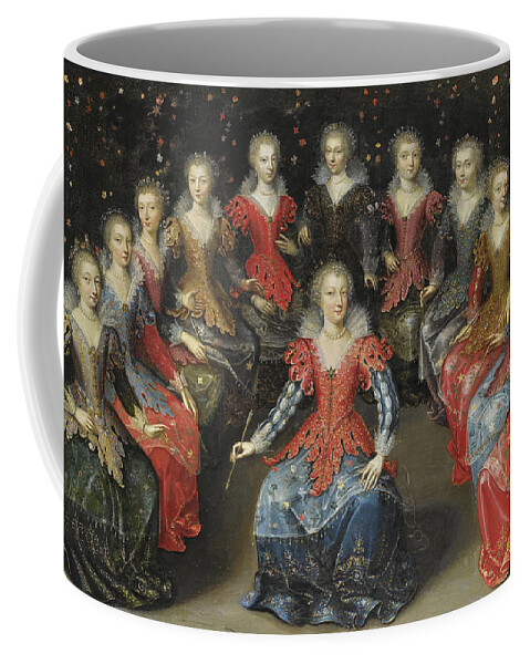 Attributed To Claude Deruet Coffee Mug featuring the painting An Allegory of Love? Twelve Noblewomen seated in a Garden, each holding an Arrow by Attributed to Claude Deruet