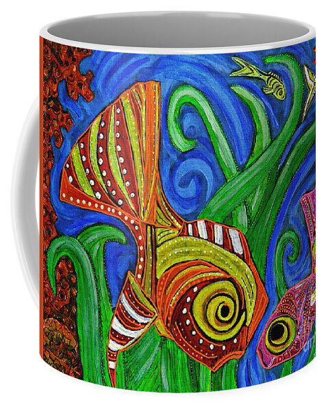 Fish Coffee Mug featuring the mixed media An Argument at the Fish Carnival by Sarah Loft