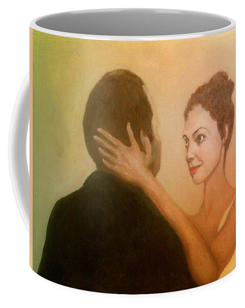 Young Brunette Woman Earnest Look Hand Back On Head Man Back Arm Bicep Coffee Mug featuring the painting An Earnest Look by Peter Gartner