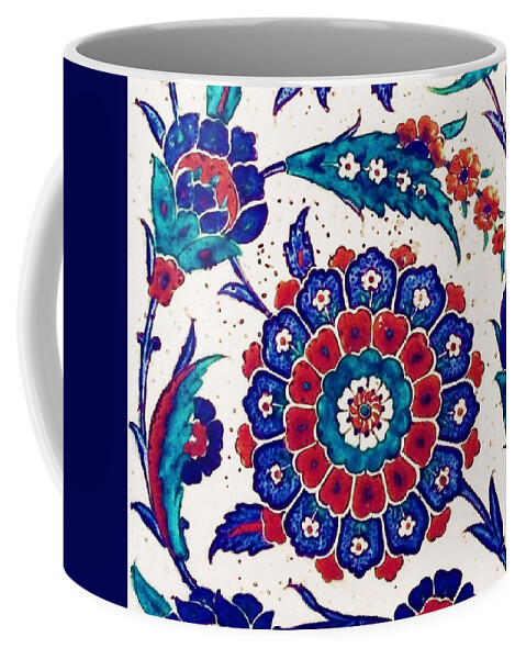 Turkish Coffee Mug featuring the painting An Ottoman Iznik style floral design pottery polychrome, by Adam Asar, No 37 b by Celestial Images