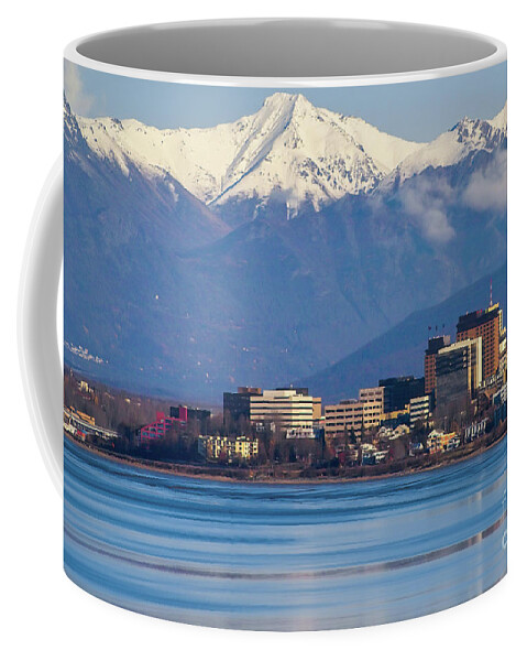 Alaska Coffee Mug featuring the photograph Anchorage Alaska Skyline with Cook Inlet by Kimberly Blom-Roemer