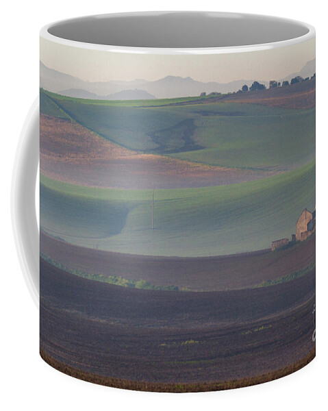 Landscape Coffee Mug featuring the photograph Andalusian Fields in Morning Mists by Heiko Koehrer-Wagner