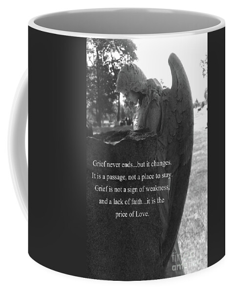 Angel Coffee Mug featuring the photograph Angel At Grave - Mourning Angel, Sad Angel Art, Grieving Cemetery Angel Decor - The Price of Love by Kathy Fornal