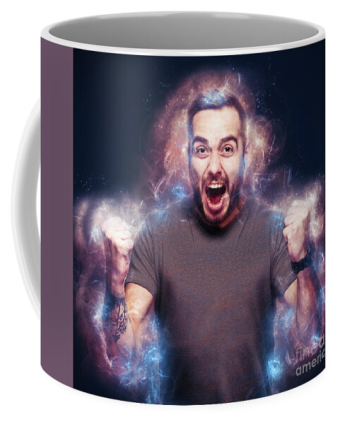 Man Coffee Mug featuring the photograph Angry man burning bright. Fury concept. by Michal Bednarek