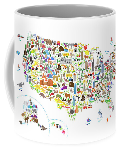 Usa Map Coffee Mug featuring the digital art Animal Map of United States for children and kids by Michael Tompsett