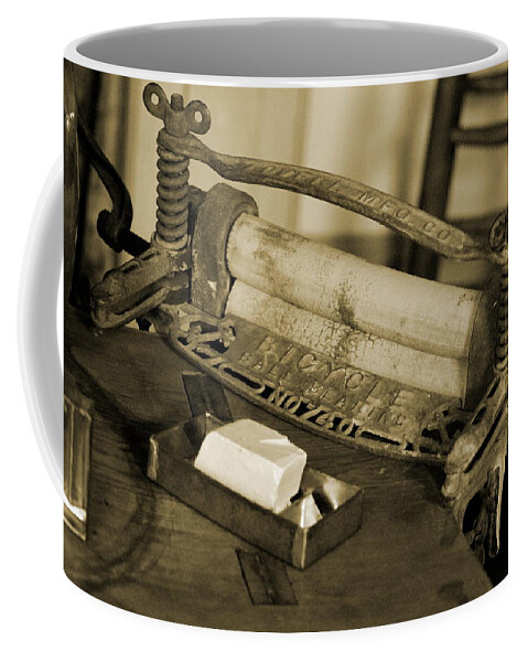 Sepia Coffee Mug featuring the photograph Antique Laundry Ringer and Handmade Lye Soap in Sepia by Colleen Cornelius