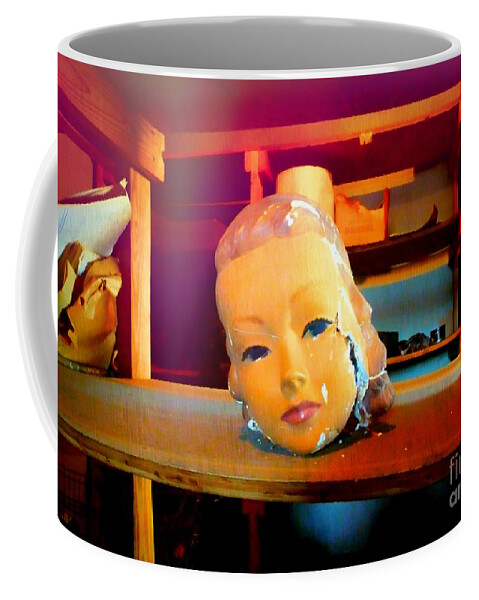 Antique Coffee Mug featuring the photograph Antique Mannequin Head In Old Storage Room by Renee Trenholm