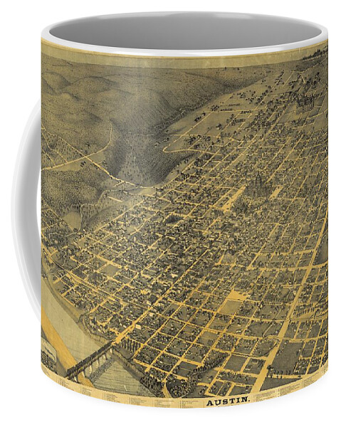 Antique Birds Eye View Map Of Austin Coffee Mug featuring the drawing Antique Maps - Old Cartographic maps - Antique Birds Eye View Map Of Austin, Texas, 1887 by Studio Grafiikka