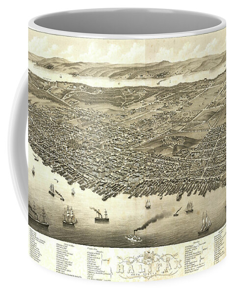 Antique Birds Eye View Map Of Halifax Coffee Mug featuring the drawing Antique Maps - Old Cartographic maps - Antique Birds Eye View Map of Halifax, Nova Scotia, 1879 by Studio Grafiikka