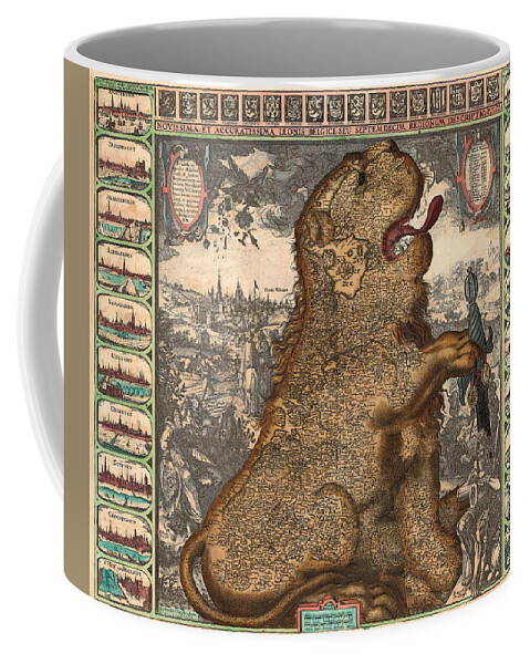 Antique Map Of Leo Belgium Coffee Mug featuring the drawing Antique Maps - Old Cartographic maps - Antique Map of Belgium - Leo Belgicus by Studio Grafiikka