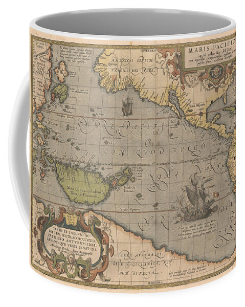 Antique Map Of The Pacific Ocean Coffee Mug featuring the drawing Antique Maps - Old Cartographic maps - Antique Map of the Pacific Ocean - Mar Del Zur, 1589 by Studio Grafiikka