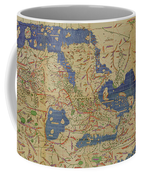 Antique Map Of The World By Idrisi Coffee Mug featuring the drawing Antique Maps - Old Cartographic maps - Antique World Map by Idrisi by Studio Grafiikka