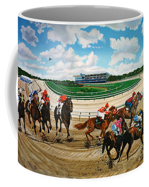 Aqueduct Racetrack Coffee Mug featuring the painting Aqueduct Racetrack by Bonnie Siracusa