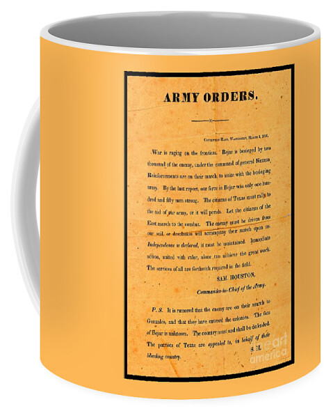 Texas Coffee Mug featuring the drawing Texian Army Orders Call to Arms Broadside from Sam Houston 1836 Texas Revolution by Peter Ogden