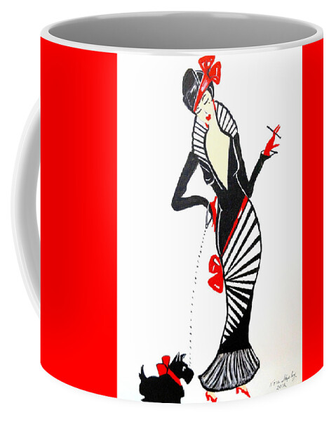 Lisa Walking Her Dog Coffee Mug featuring the painting Art Deco 1930's Lisa by Nora Shepley