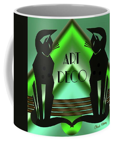 Art Deco Coffee Mug featuring the digital art Art Deco Cats - Emerald by Chuck Staley