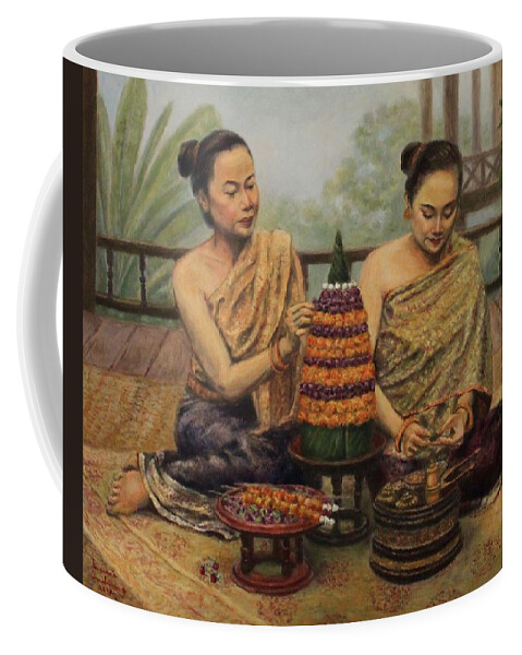 Lao Women Coffee Mug featuring the painting Art of Arrangement by Sompaseuth Chounlamany
