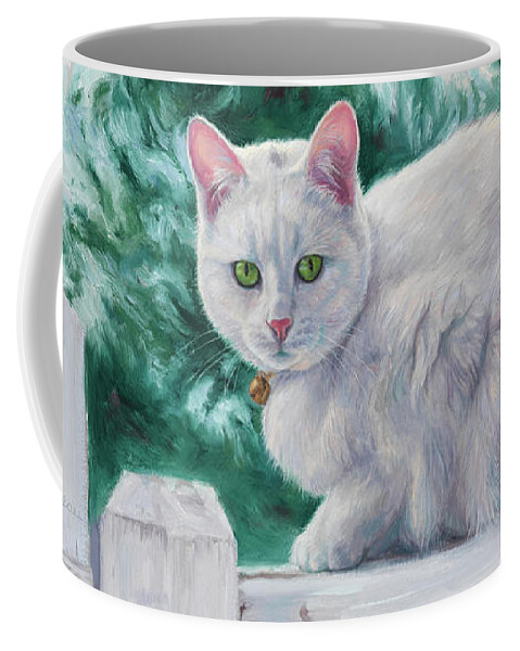 Cat Coffee Mug featuring the painting Cat On A Fence by Lucie Bilodeau