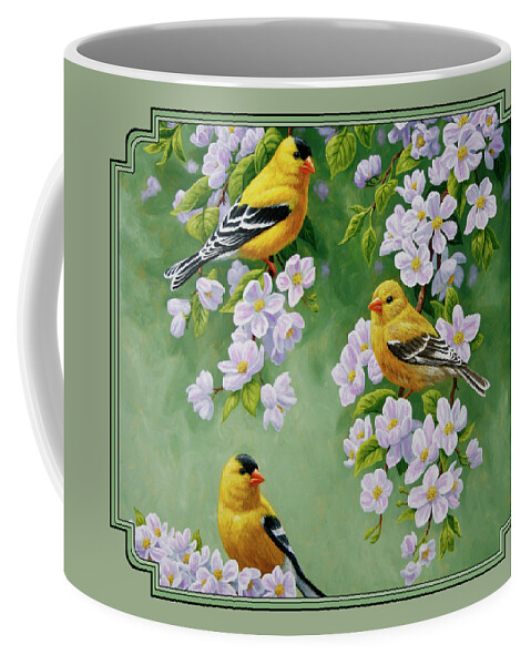 Bird Coffee Mug featuring the painting American Goldfinches and Apple Blossoms by Crista Forest