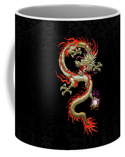 'treasures Of China' Collection By Serge Averbukh Coffee Mug featuring the digital art Golden Chinese Dragon Fucanglong on Black Silk by Serge Averbukh