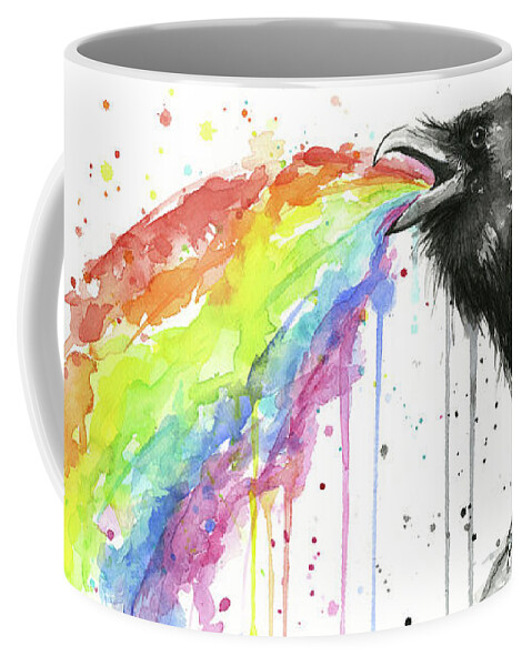 Raven Coffee Mug featuring the painting Raven Tastes the Rainbow by Olga Shvartsur