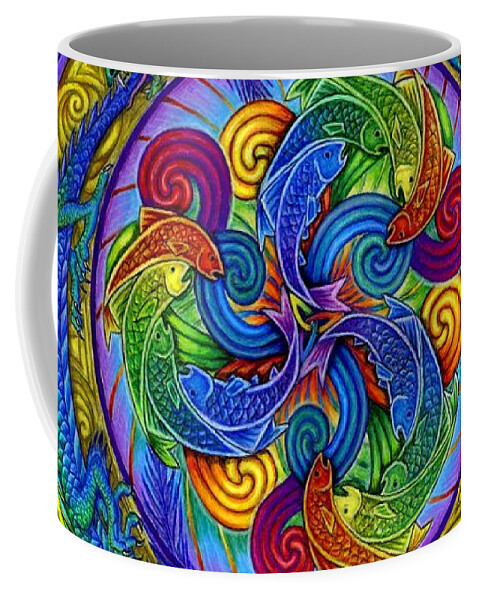 Dragon Coffee Mug featuring the drawing Psychedelic Dragons Rainbow Mandala by Rebecca Wang