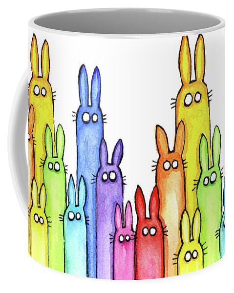Baby Coffee Mug featuring the painting Bunny Rabbits Watercolor Rainbow by Olga Shvartsur