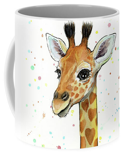 Watercolor Giraffe Coffee Mug featuring the painting Baby Giraffe Watercolor with Heart Shaped Spots by Olga Shvartsur