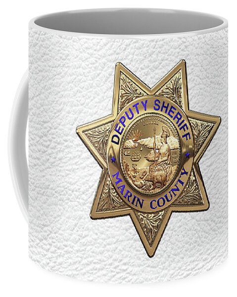 'law Enforcement Insignia & Heraldry' Collection By Serge Averbukh Coffee Mug featuring the digital art Marin County Sheriff Department - Deputy Sheriff Badge over White Leather by Serge Averbukh