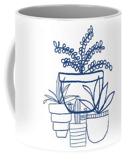 Succulents Coffee Mug featuring the mixed media Indigo Potted Succulents- Art by Linda Woods by Linda Woods
