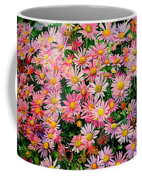 Daisy Coffee Mug featuring the painting Marguerites et Papillons by Francoise Chauray