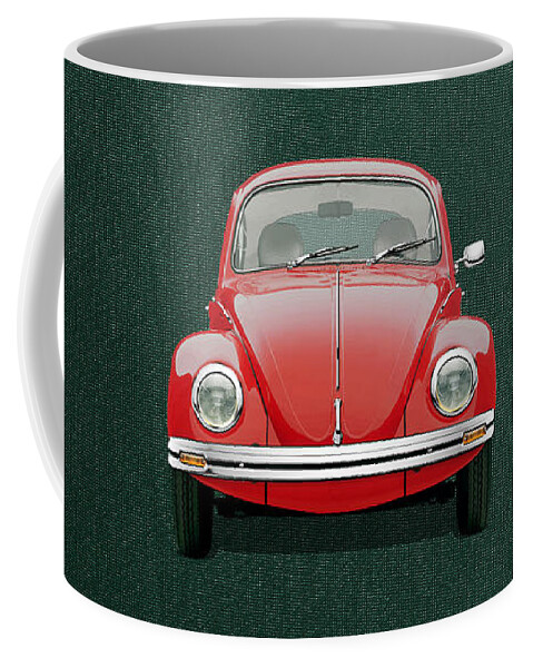 'volkswagen - Bugs And Buses' Collection By Serge Averbukh Coffee Mug featuring the digital art Volkswagen Type 1 - Red Volkswagen Beetle on Green Canvas by Serge Averbukh