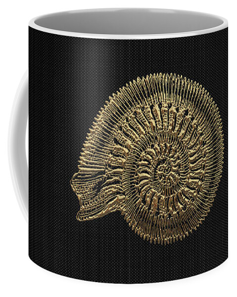 'fossil Record' Collection By Serge Averbukh Coffee Mug featuring the digital art Fossil Record - Golden Ammonite Fossil on Square Black Canvas #2 by Serge Averbukh