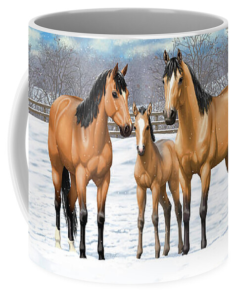 Horses Coffee Mug featuring the painting Buckskin Horses In Winter Pasture by Crista Forest