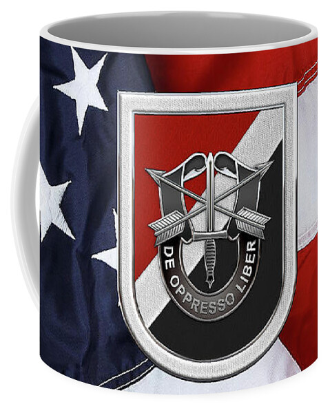 'u.s. Army Special Forces' Collection By Serge Averbukh Coffee Mug featuring the digital art U. S. Army 6th Special Forces Group - 6th S F G Beret Flash over American Flag by Serge Averbukh