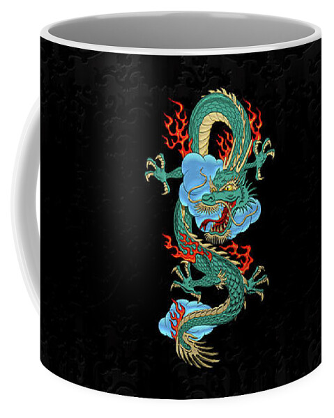 'treasures Of China' Collection By Serge Averbukh Coffee Mug featuring the digital art The Great Dragon Spirits - Turquoise Dragon on Black Silk by Serge Averbukh