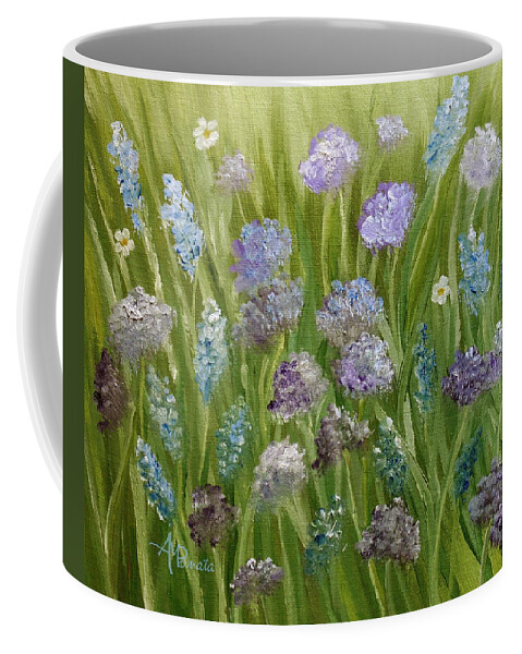Lilac Coffee Mug featuring the painting Flowers Field by Angeles M Pomata