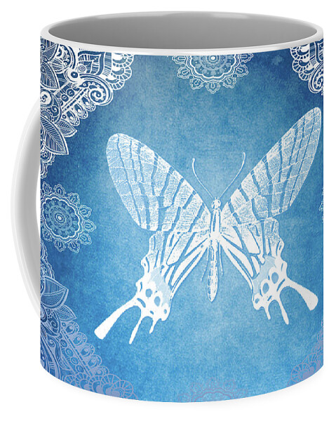 Bohemian Coffee Mug featuring the mixed media Bohemian Ornamental Butterfly Deep Blue Ombre illustration by Sharon Mau