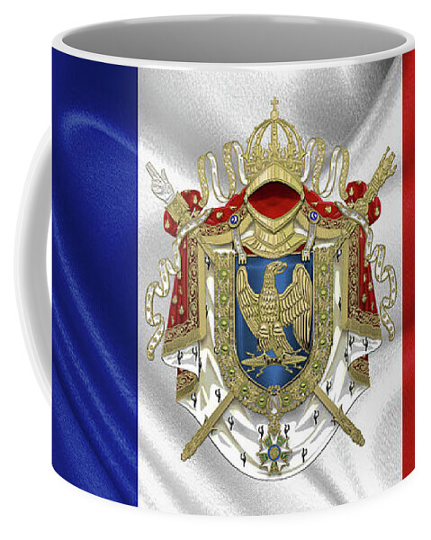 'napoleon Bonaparte' Collection By Serge Averbukh Coffee Mug featuring the digital art Greater Coat of Arms of the First French Empire over Flag by Serge Averbukh