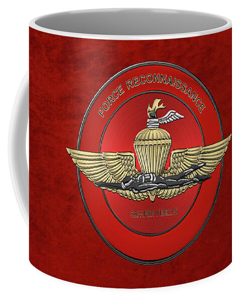 'military Insignia & Heraldry' Collection By Serge Averbukh Coffee Mug featuring the digital art Marine Force Reconnaissance - U S M C  F O R E C O N Insignia over Red Velvet by Serge Averbukh