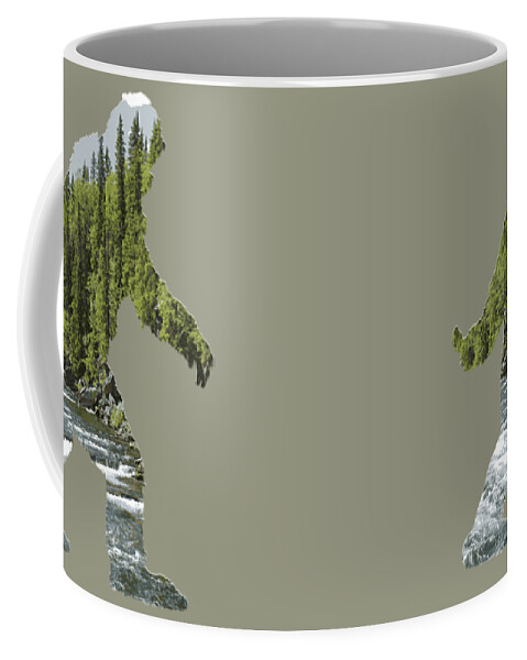 Sasquatch Coffee Mug featuring the digital art A Sasquatch Bigfoot Silhouette in The Wild River Rapids by Garaga Designs