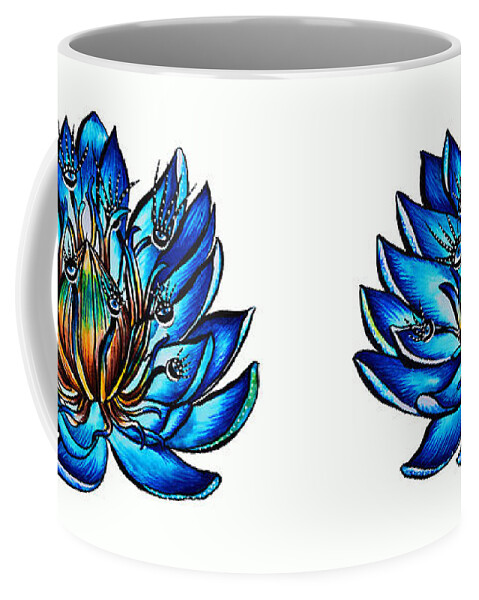 Nature Coffee Mug featuring the drawing Weird Multi Eyed Blue Water Lily Flower by Boriana Giormova