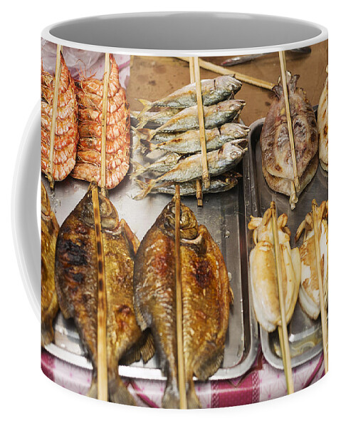 Asia Coffee Mug featuring the photograph Asian Grilled Barbecued Seafood In Kep Market Cambodia by JM Travel Photography