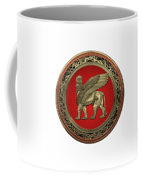 ‘treasures Of Mesopotamia’ Collection By Serge Averbukh Coffee Mug featuring the digital art Assyrian Winged Lion - Gold Lamassu over White Leather by Serge Averbukh