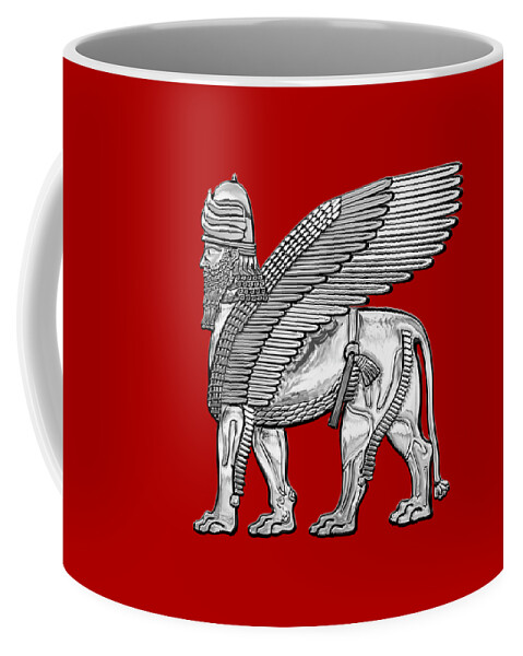 ‘treasures Of Mesopotamia’ Collection By Serge Averbukh Coffee Mug featuring the digital art Assyrian Winged Lion - Silver Lamassu over Red Canvas by Serge Averbukh